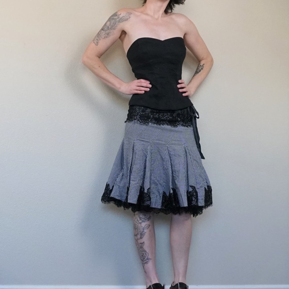 Bebe Black & White Checkered Skirt with Lace Trim - Picture 3 of 8